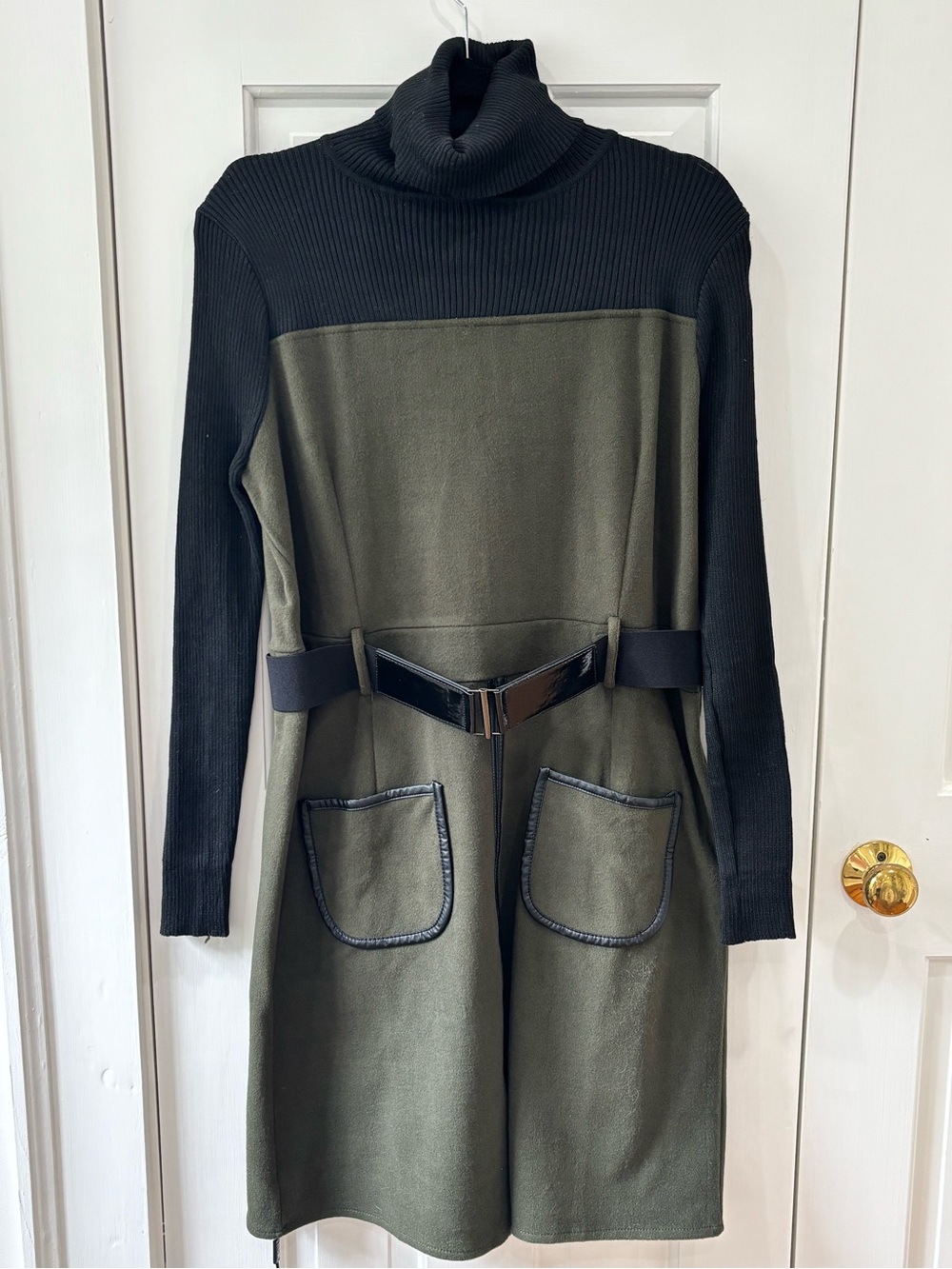 STYLEWE Olive Green and Black Long Sleeve Turtleneck Dress with Belt